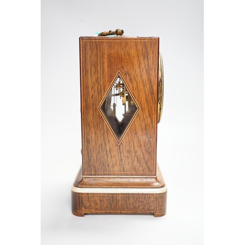 1341 - A 19th century French rosewood and marquetry inlaid mantel clock with silvered dial, 22cm high... 