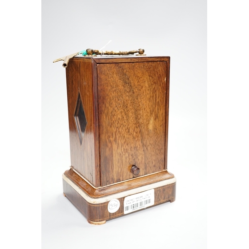 1341 - A 19th century French rosewood and marquetry inlaid mantel clock with silvered dial, 22cm high... 