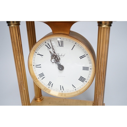 1344 - Imhof Swiss brass mantel clock with two train movement, striking on a bell, 24cm high