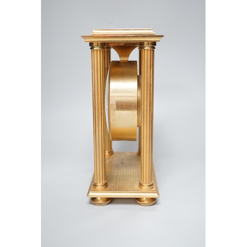 1344 - Imhof Swiss brass mantel clock with two train movement, striking on a bell, 24cm high