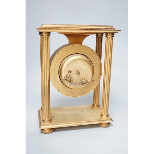 1344 - Imhof Swiss brass mantel clock with two train movement, striking on a bell, 24cm high