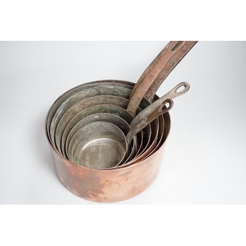 1352 - A graduated set of seven copper pans, the largest 47cm wide