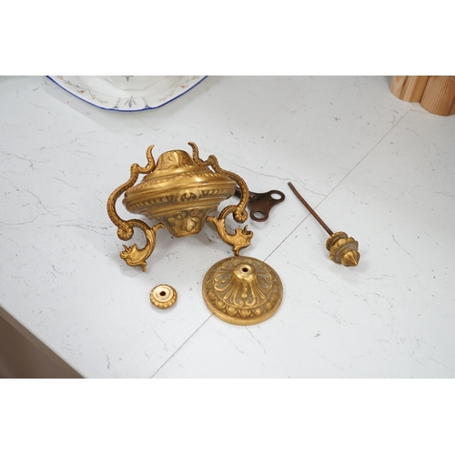 1365 - A French brass mantel clock, c.1900- no pendulum, loose finial, 37cm excl finial