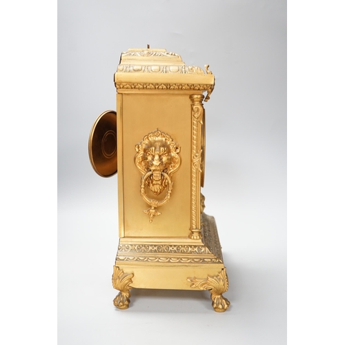 1365 - A French brass mantel clock, c.1900- no pendulum, loose finial, 37cm excl finial