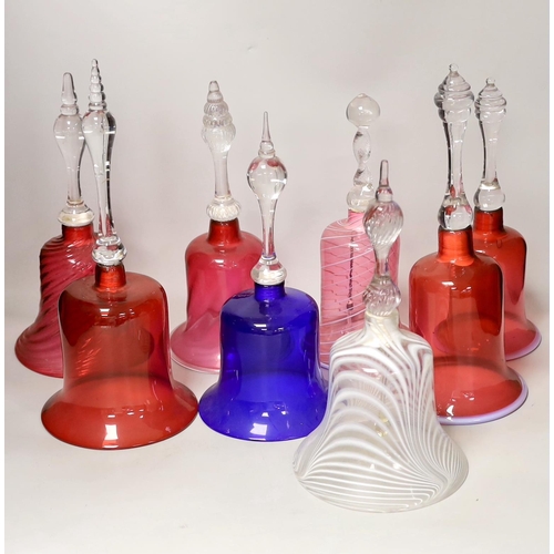 1371 - Eight Victorian coloured glass hand bells