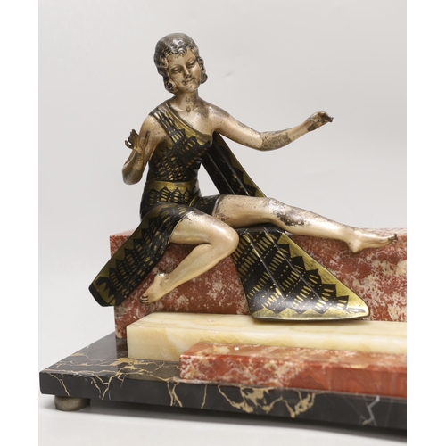 1379 - An Art Deco style spelter and marble figural lamp, 45cm wide