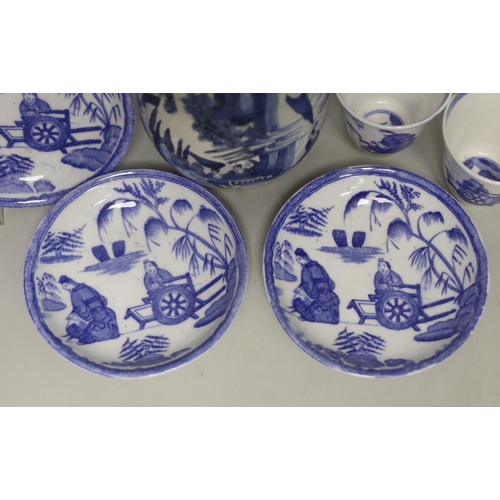 1397 - A late 17th century Delft blue and white ewer and three Chinese style tumblers and saucers, tallest ... 