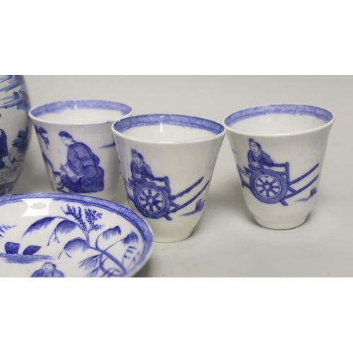 1397 - A late 17th century Delft blue and white ewer and three Chinese style tumblers and saucers, tallest ... 