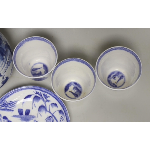 1397 - A late 17th century Delft blue and white ewer and three Chinese style tumblers and saucers, tallest ... 