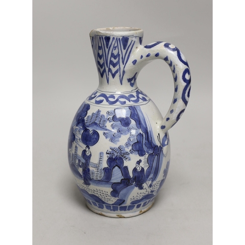 1397 - A late 17th century Delft blue and white ewer and three Chinese style tumblers and saucers, tallest ... 