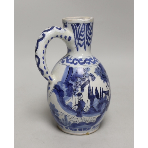 1397 - A late 17th century Delft blue and white ewer and three Chinese style tumblers and saucers, tallest ... 