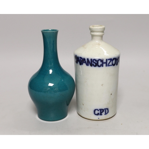 1414 - A Chinese green monochrome vase and a flask, tallest 17cm