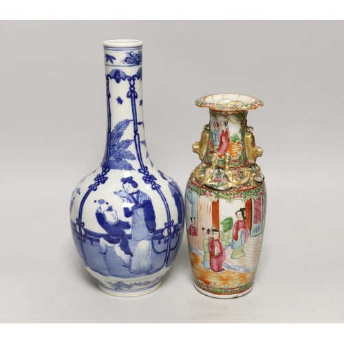 1416 - Two Chinese vases, famille rose and blue and white, tallest 26cm