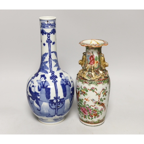 1416 - Two Chinese vases, famille rose and blue and white, tallest 26cm