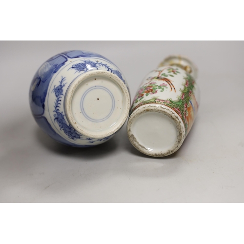 1416 - Two Chinese vases, famille rose and blue and white, tallest 26cm