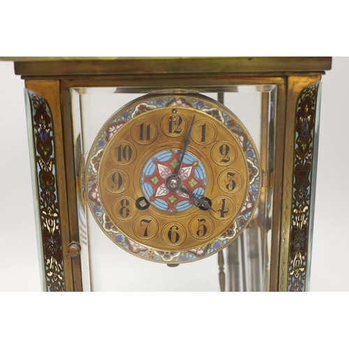 1418 - An early 20th century French onyx and champleve enamel four glass mantel clock, 31cm