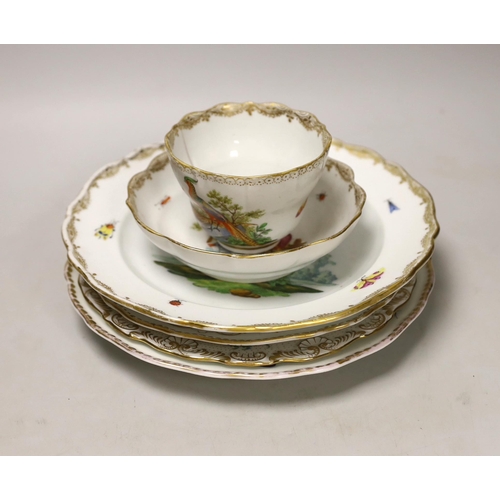 1421 - Five 19th century Meissen porcelain items including three plates, a dish and a cup and saucer, most ... 