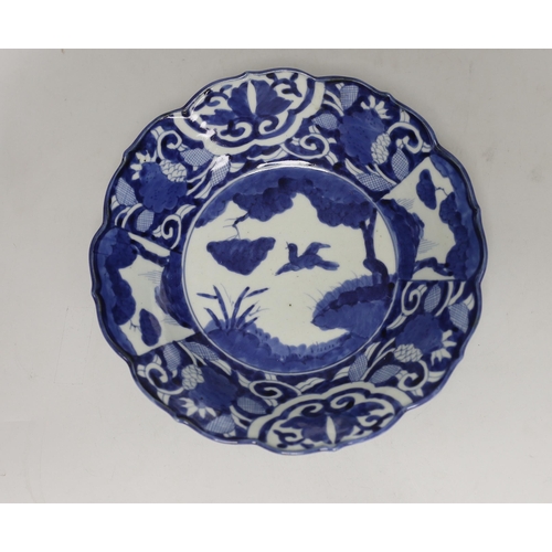 1429 - Three Japanese blue and white Arita dishes, largest 25cm