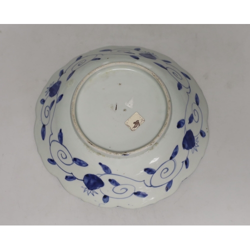 1429 - Three Japanese blue and white Arita dishes, largest 25cm