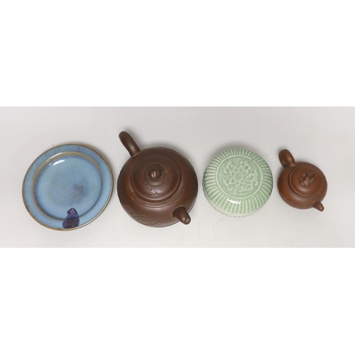 1430 - Two Yixing teapots, a celadon glazed circular box and Jun type  saucer, 12cm diameter