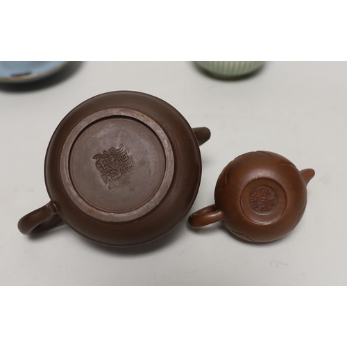 1430 - Two Yixing teapots, a celadon glazed circular box and Jun type  saucer, 12cm diameter