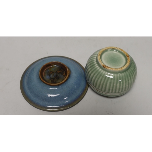 1430 - Two Yixing teapots, a celadon glazed circular box and Jun type  saucer, 12cm diameter