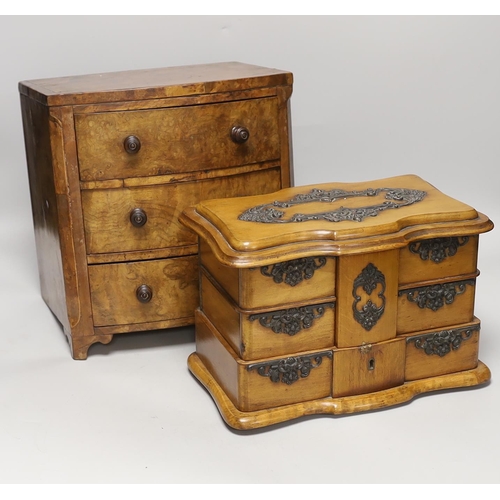 1433 - A Victorian miniature burr walnut bow fronted chest and a beech jewellery box, chest 29cm