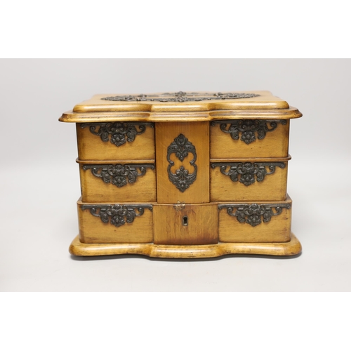 1433 - A Victorian miniature burr walnut bow fronted chest and a beech jewellery box, chest 29cm