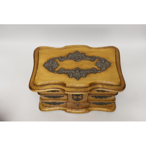 1433 - A Victorian miniature burr walnut bow fronted chest and a beech jewellery box, chest 29cm