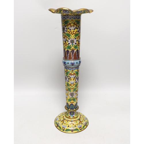 1435 - A Chinese yellow ground cloisonné enamel trumpet shaped vase , 35.5cm