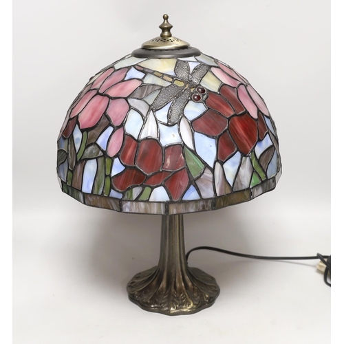 1436 - A reproduction Tiffany lamp, leaded glass shade with floral decoration and dragonflies, 40cm