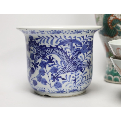 1447 - Two Chinese bowls, two blue and white dragon planters and a crackleware vase, tallest 22.5cm