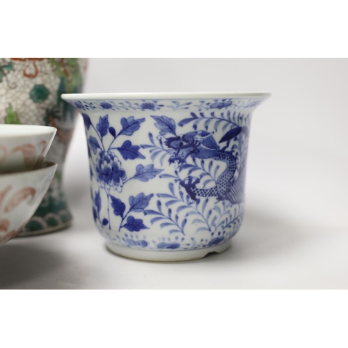 1447 - Two Chinese bowls, two blue and white dragon planters and a crackleware vase, tallest 22.5cm