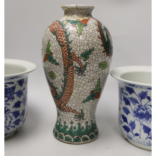 1447 - Two Chinese bowls, two blue and white dragon planters and a crackleware vase, tallest 22.5cm