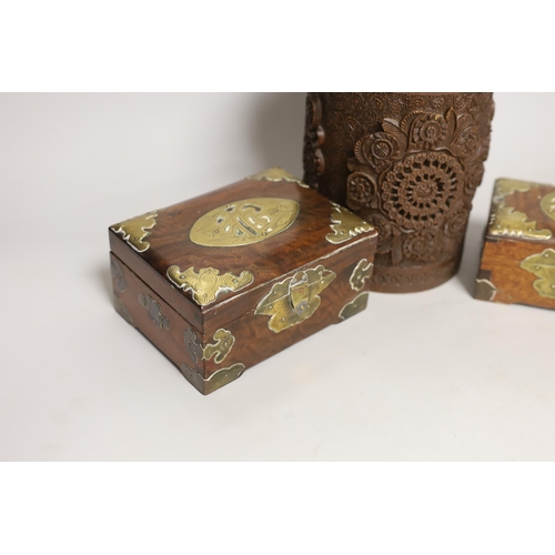 1449 - An Indian carved wood humidor and two Chinese brass mounted boxes, tallest 22cm high