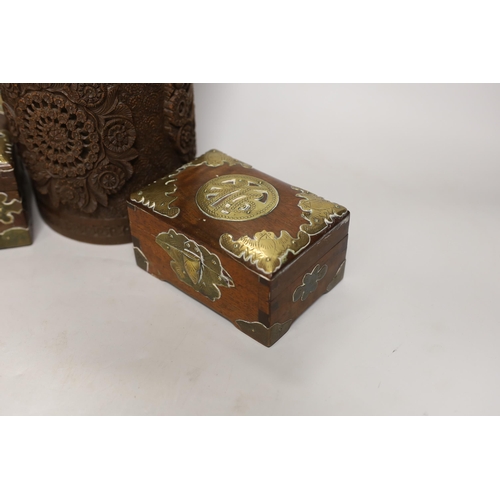 1449 - An Indian carved wood humidor and two Chinese brass mounted boxes, tallest 22cm high