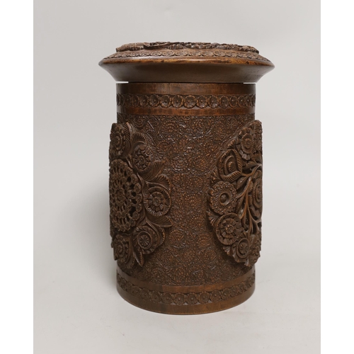 1449 - An Indian carved wood humidor and two Chinese brass mounted boxes, tallest 22cm high