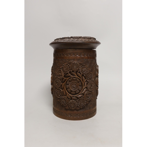 1449 - An Indian carved wood humidor and two Chinese brass mounted boxes, tallest 22cm high