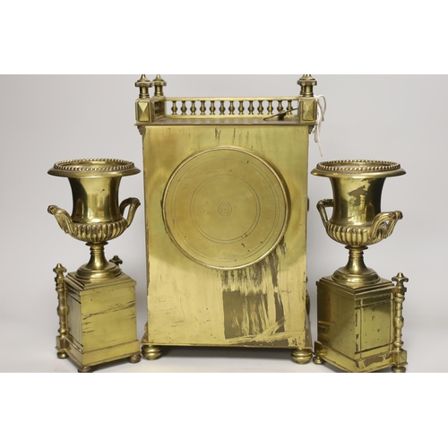 1453 - A French Aesthetic period brass and porcelain panelled clock garniture, clock 34cm high