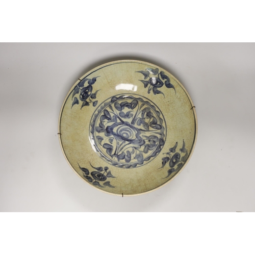 1457 - A  Chinese late Ming Swatow blue and white dish, early 17th century dish, 33.5cm