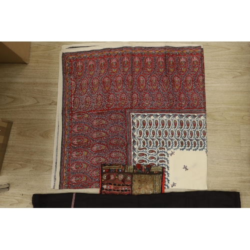 1463 - A 19th century Indian mirrored square, a printed summer paisley shawl and a black wool and embroider... 