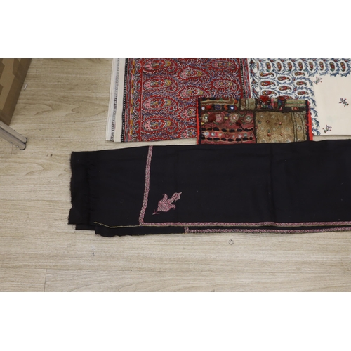 1463 - A 19th century Indian mirrored square, a printed summer paisley shawl and a black wool and embroider... 