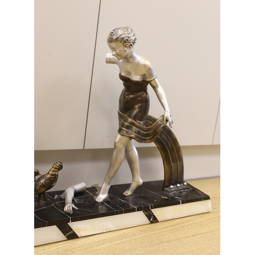 1470 - A French Art Deco spelter and marble figure group (a.f) 49cm tall