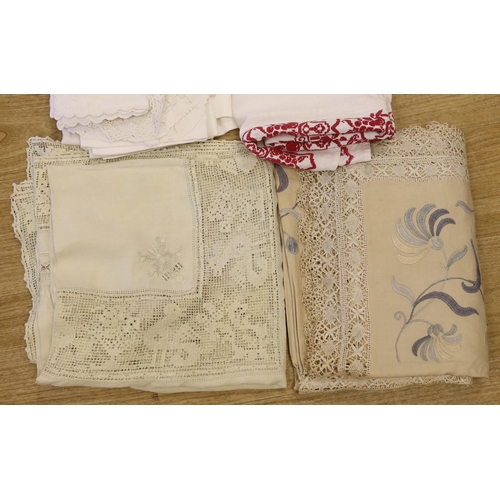 1474 - An Edwardian blue embroidered linen table cloth, an Italian embroidered  and fillet insertion cloth ... 