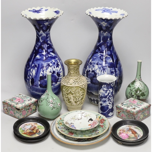 1479 - Mixed Oriental and European vases, plates, pots and dishes, tallest  37cm high