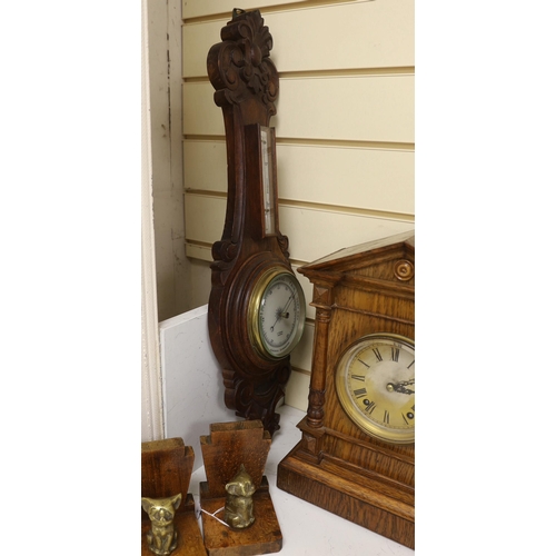 1493 - Woodenware including Art Deco bookends, a Black Forest Winterhalder and Hofmeier clock striking on a... 