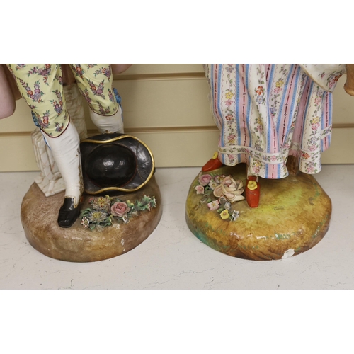 1495 - A pair of massive German porcelain figures of flower sellers, late 19th century, 66.5cm