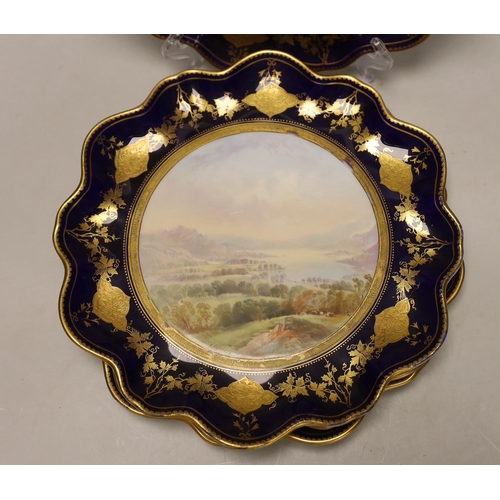 1500 - A set of four Victorian bone china cabinet plates, each painted with a named view by J Birbeck,... 