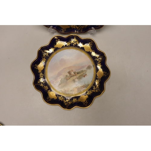 1500 - A set of four Victorian bone china cabinet plates, each painted with a named view by J Birbeck,... 