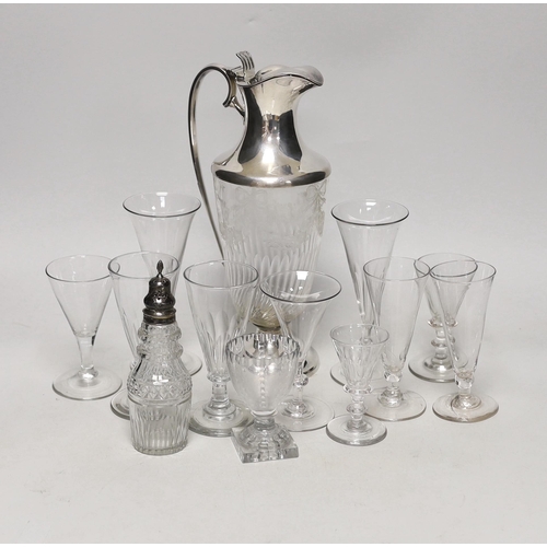 1513 - A silver plate mounted glass claret jug and various glasses